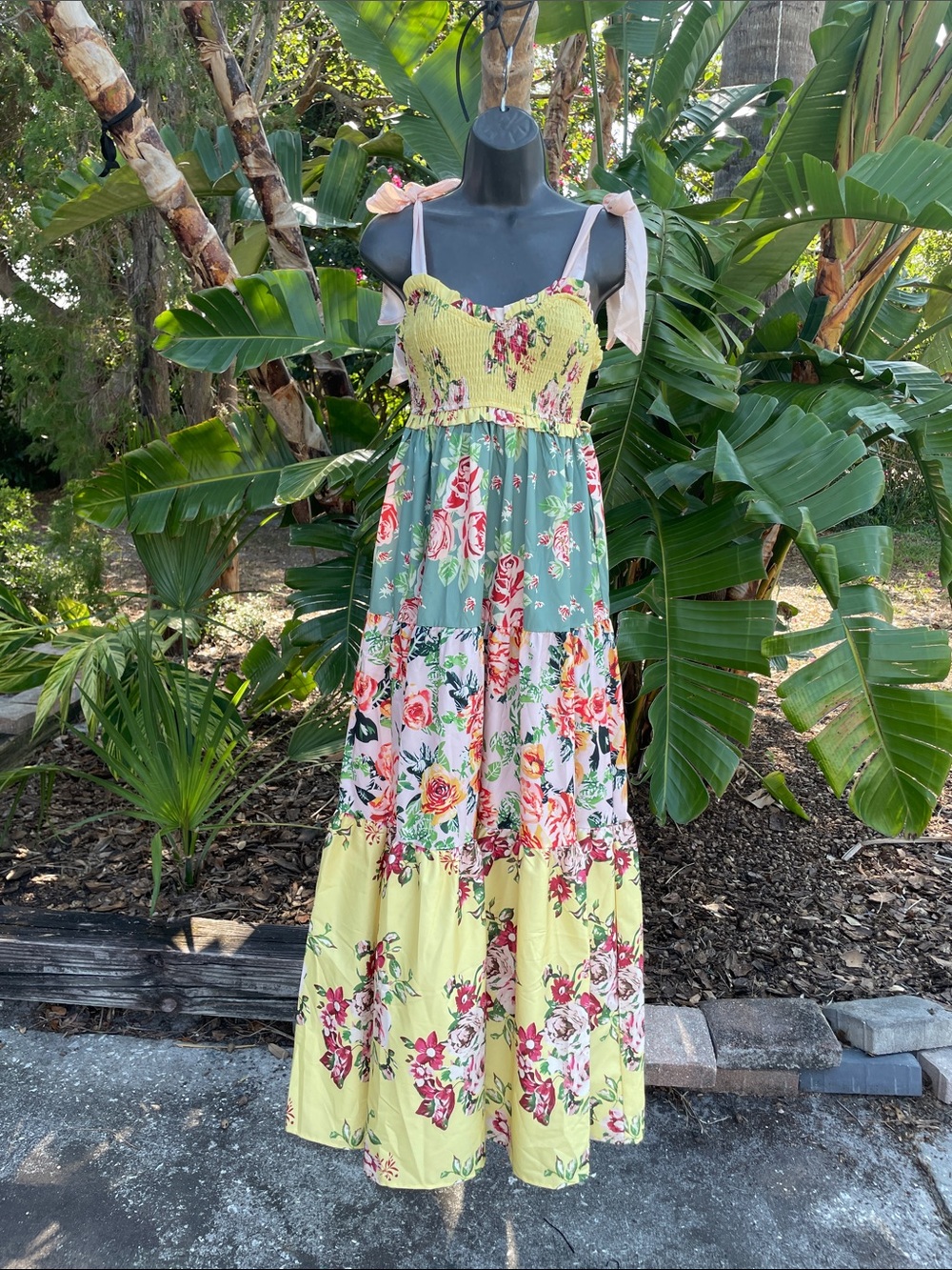 teared, patchwork floral maxi dress with ribbon straps